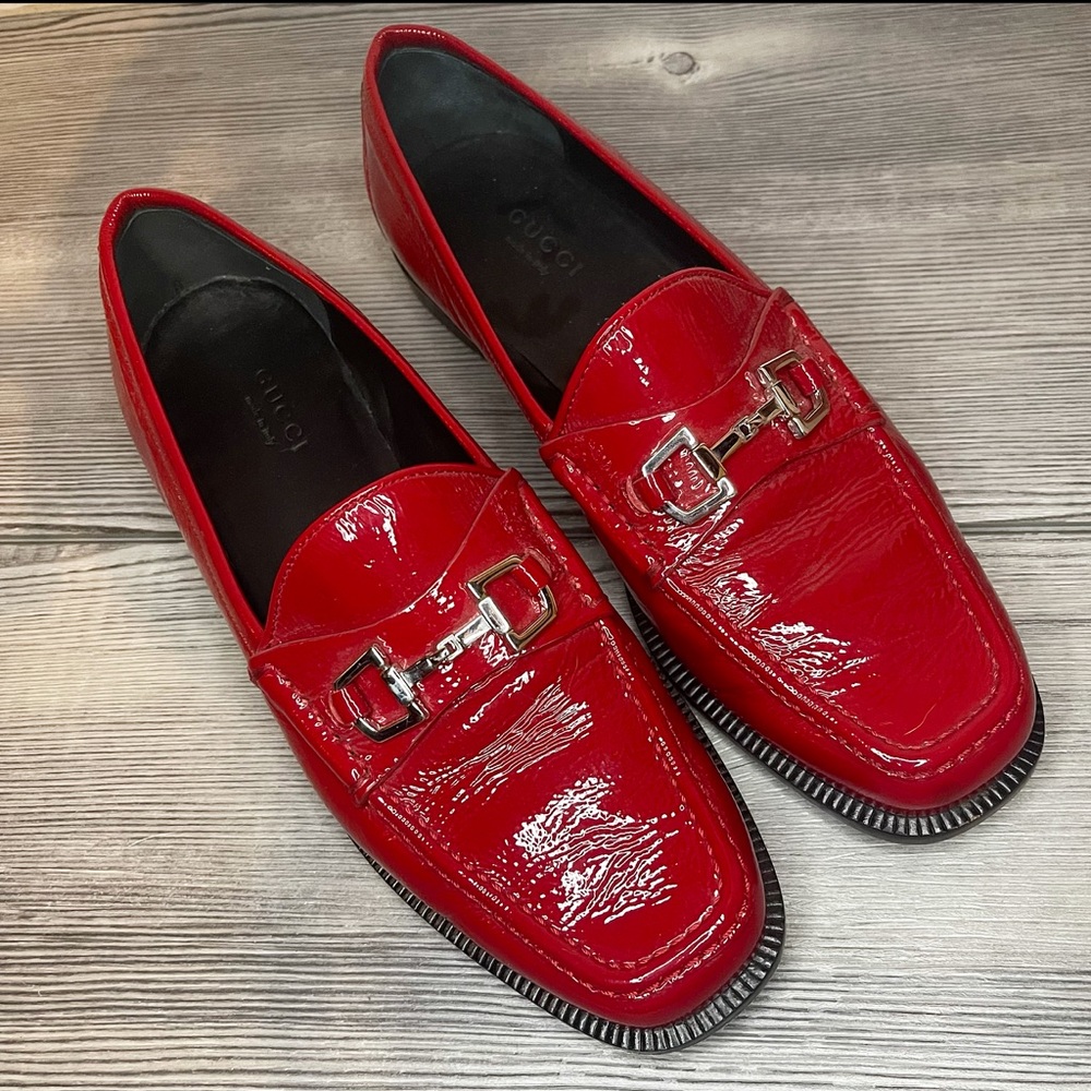 Gucci Red Patent Leather Horsebit Loafers for Women